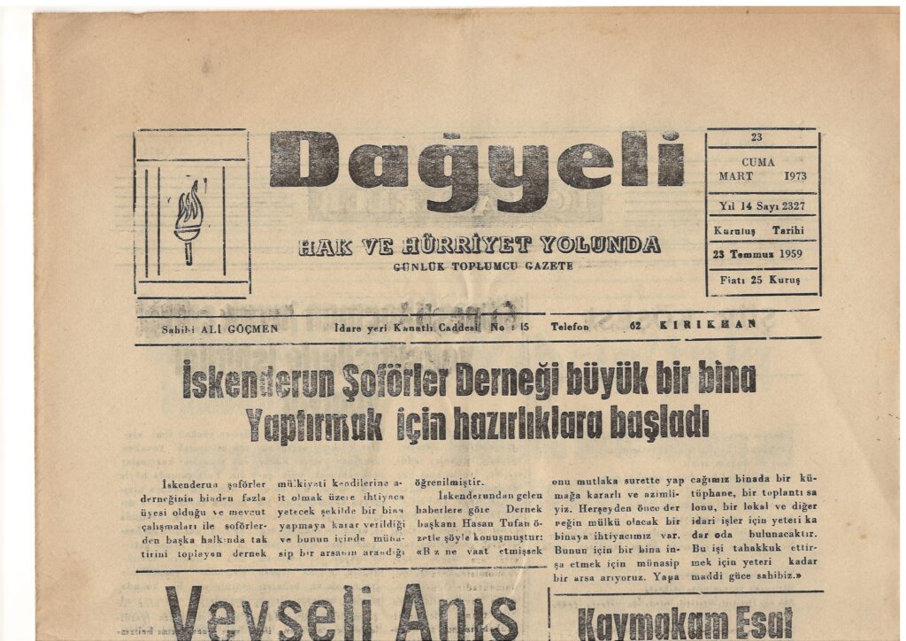 Hatay, Kırıkhan, Dağyeli Gazetesi, 23 Mart 1973