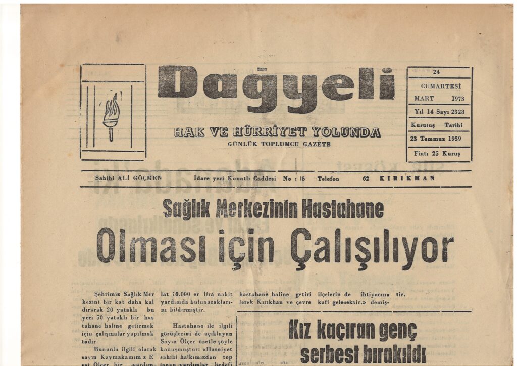 Hatay, Kırıkhan, Dağyeli Gazetesi, 24 Mart 1973