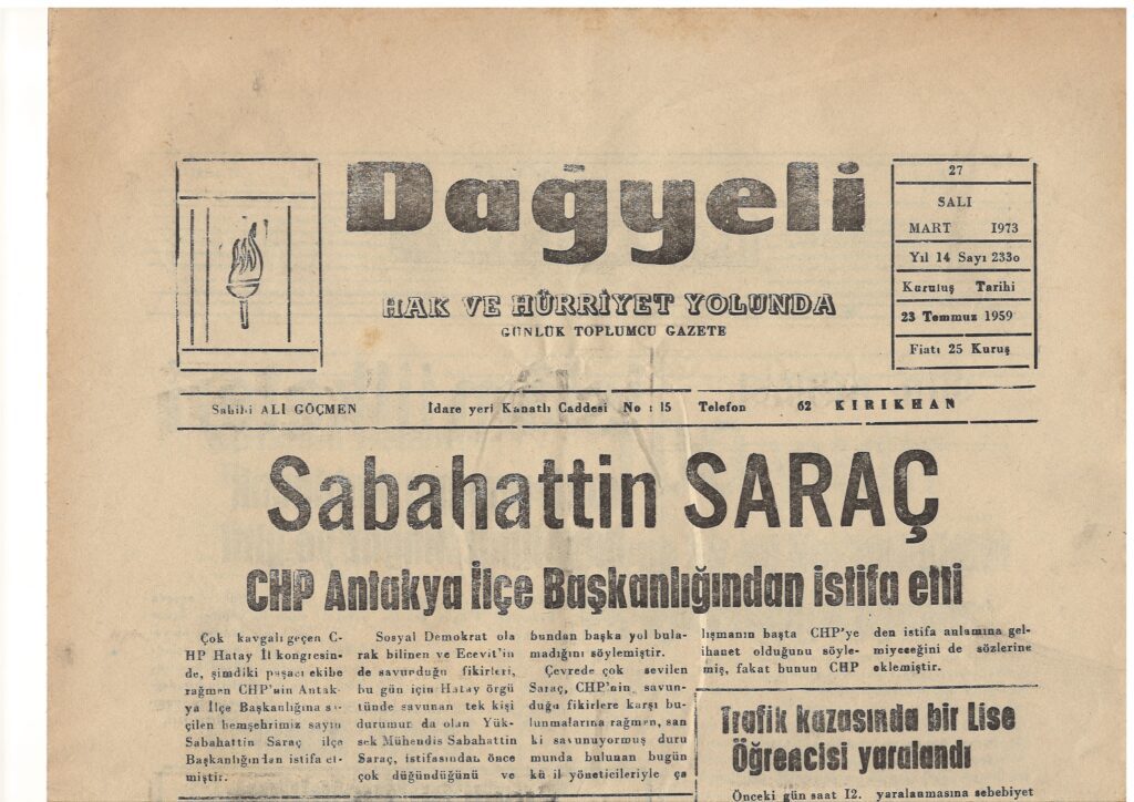 Hatay, Kırıkhan, Dağyeli Gazetesi, 27 Mart 1973