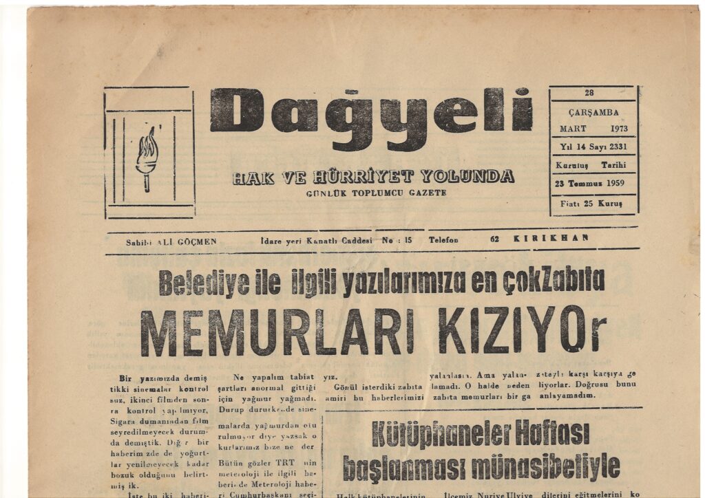 Hatay, Kırıkhan, Dağyeli Gazetesi, 28 Mart 1973