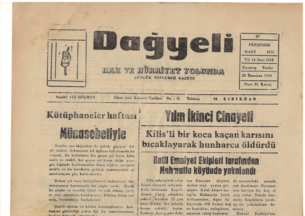 Hatay, Kırıkhan, Dağyeli Gazetesi, 29 Mart 1973